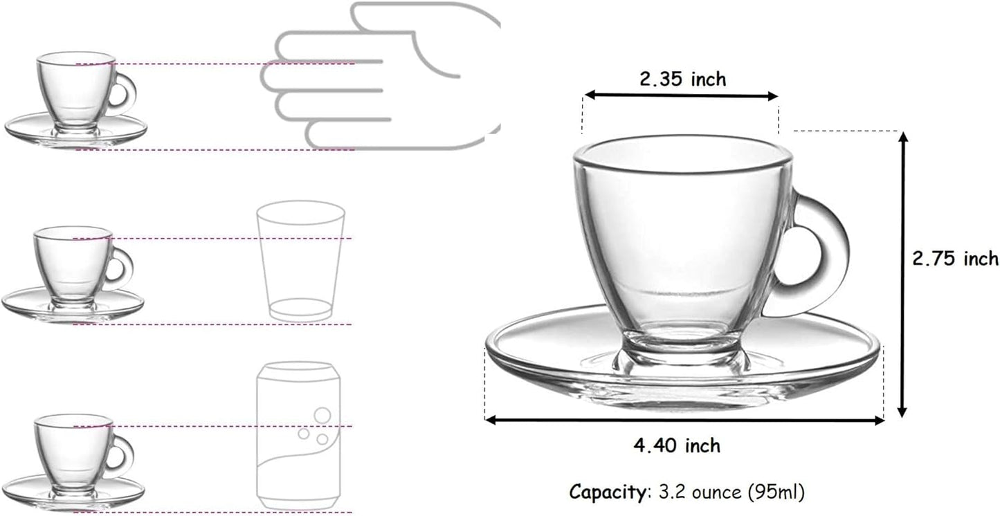 BOHEM'S Espresso Cups, 3.2 oz Small Demitasse Clear Glass Espresso Drinkware, Set Of Cups, Saucers and Stainless Steel mini Spoons + Free Glass Spoons (Set of 6)