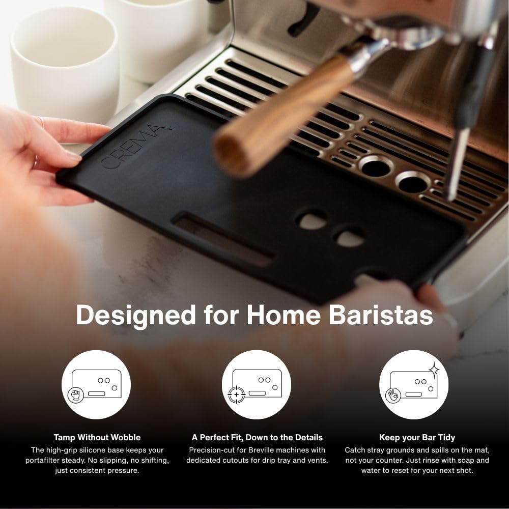 Crema Coffee Tamping Mat for Bambino | Non-Slip Silicone Protection for Countertops & Portafilters | Precision Fit with Drip Tray & Vent Holes | Easy to Clean, Durable Espresso Tamping Pad