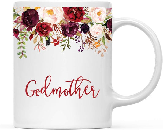 Andaz Press 11oz. Mother's Day Ceramic Coffee Tea Mug Gift, Fall Autumn Marsala Burgundy Flowers Roses Florals, Godmother, 1-Pack, Includes Gift Box, Birthday Christmas Gift Ideas