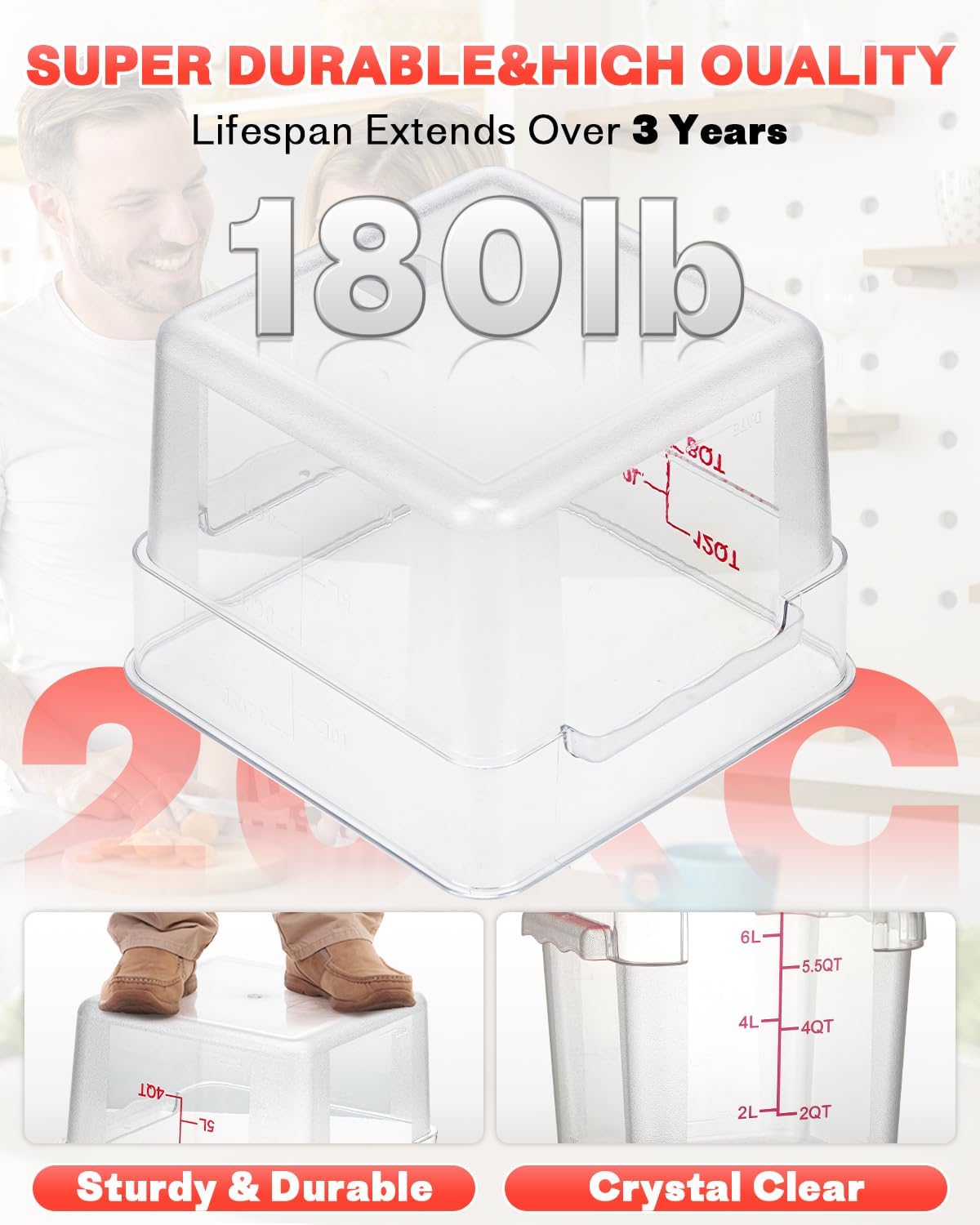 2QT&4QT NSF Food Storage Containers with Lids: 4 PCS [Total Food Grade][Hot&Cold Resistant] Commercial Clear Food Storage Containers for Restaurant Kitchen Proof Dough (Red)