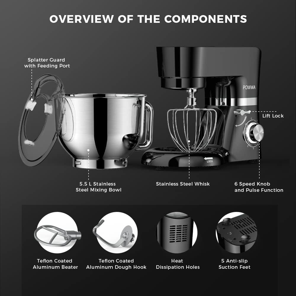 Stand Mixer, POWWA 6.5 Quart Electric Mixer, 6+1 Speed 660W Tilt-Head Kitchen Food Mixers with Whisk, Dough Hook, Mixing Beater & Splash Guard for Baking, Cake, Cookie, Kneading, ETL Certified (Black)