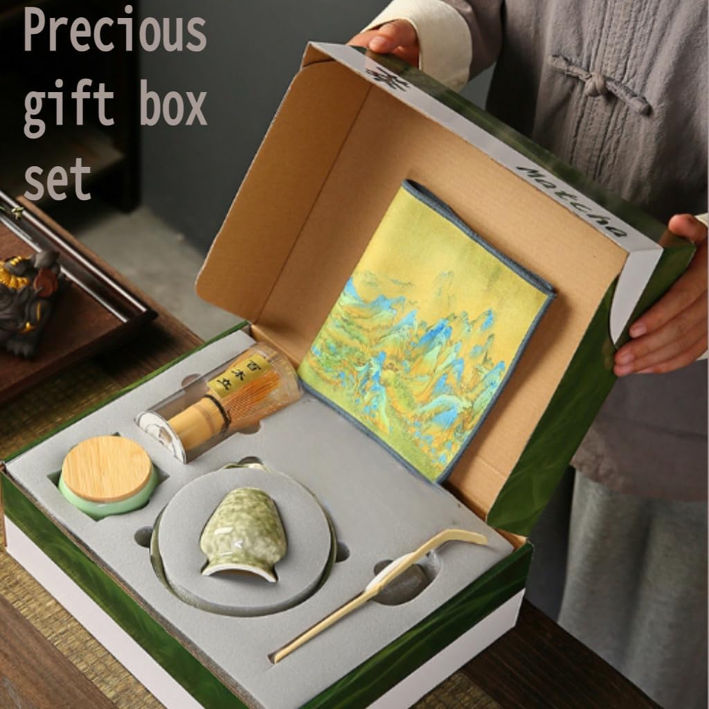 6-Piece Matcha Whisk Set, Japanese Bamboo Chasen, Scoop & Sifter, Traditional Ceremonial Kit with Ceramic Bowl, Whisk Holder Stand, Chakin Cloth (Cherry blossom pink)