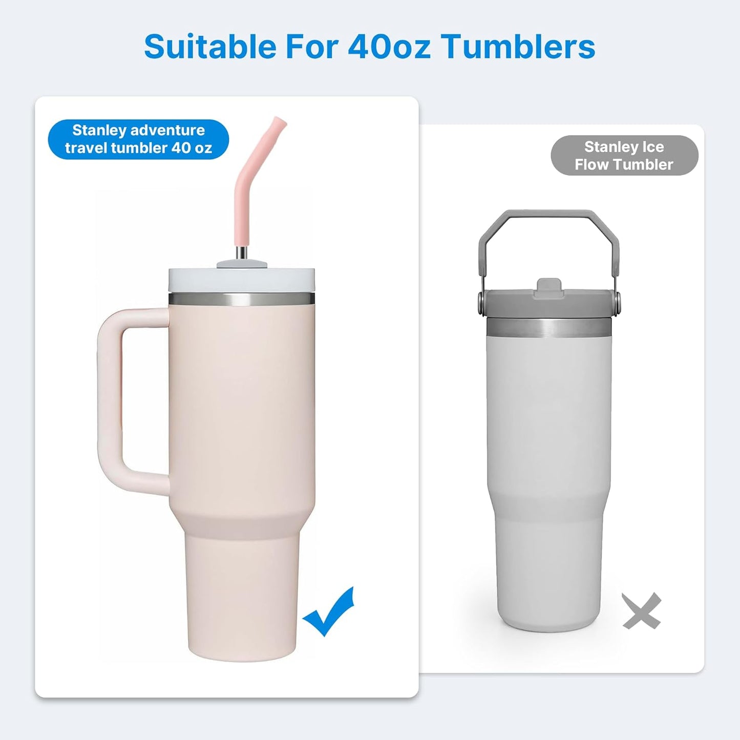 Metal Straw with Silicone Tip for 40oz Stanley Cup, 2 Pcs Stainless Steel Straws Replacement for Stanley 40 oz Adventure Quencher Travel Tumbler Cup, 1 Straw Brush (Light Pink)