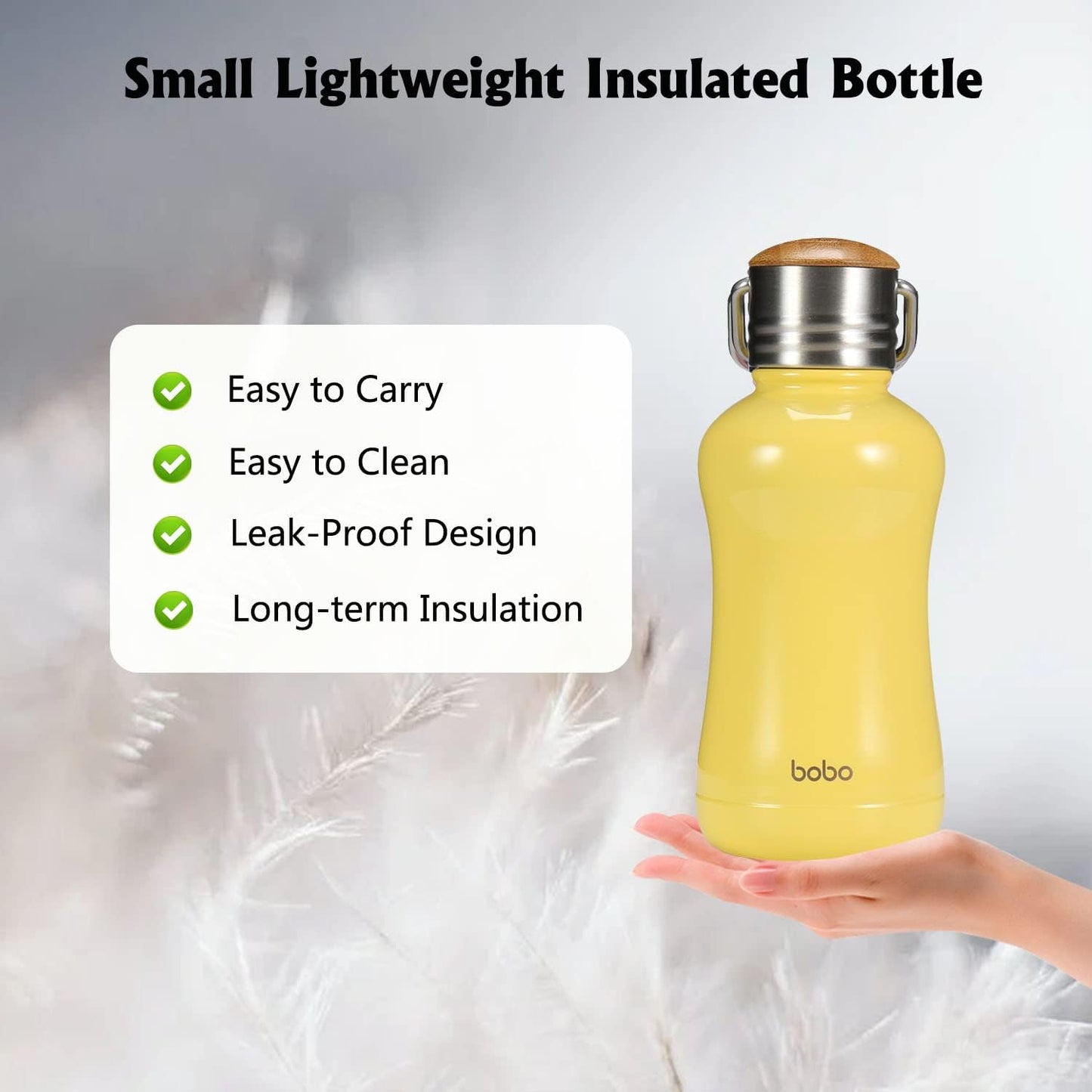 YOHKOH Mini Insulated Water Bottle With Bamboo Lid - 8.8oz Small Vacuum Insulated Water Bottle for Women Kids, 12 Hrs Hot & 24 Hrs Cold Stainless Steel Thermos Leak-Proof BPA-Free (8.8oz,Yellow)