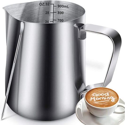 32oz Milk Frothing Pitcher, Stainless Steel Espresso Latte Cup Steaming Pitcher Creamer Cup, Milk Frother Cup Espresso Machine Accessories Barista Tools Jug for Coffee Cappuccino with Latte Art Pen