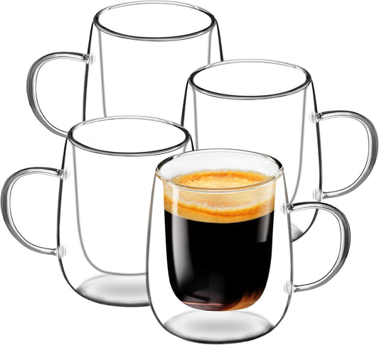 Glass Coffee Cups Set of 4, 13oz Double Walled Glass Mugs with Handles, Clear Insulated Coffee Mug Espresso Cups, Cappuccino Latte Tea Cups Set, Heat Resistant Borosilicate Clear Glasses