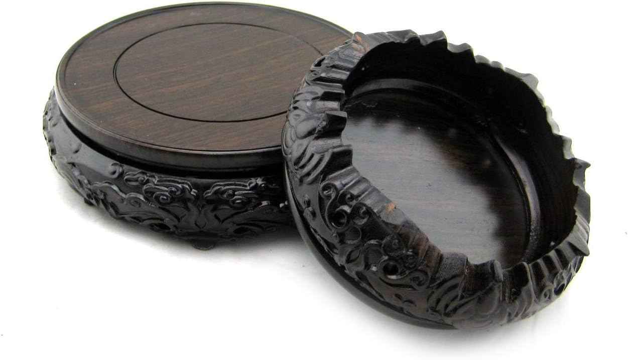 GOLDY&WENDY Oriental Luxury Round Bat Pattern Elm Solid Wood Vase Display Stands Pedestal Base 4.7 in Diameter