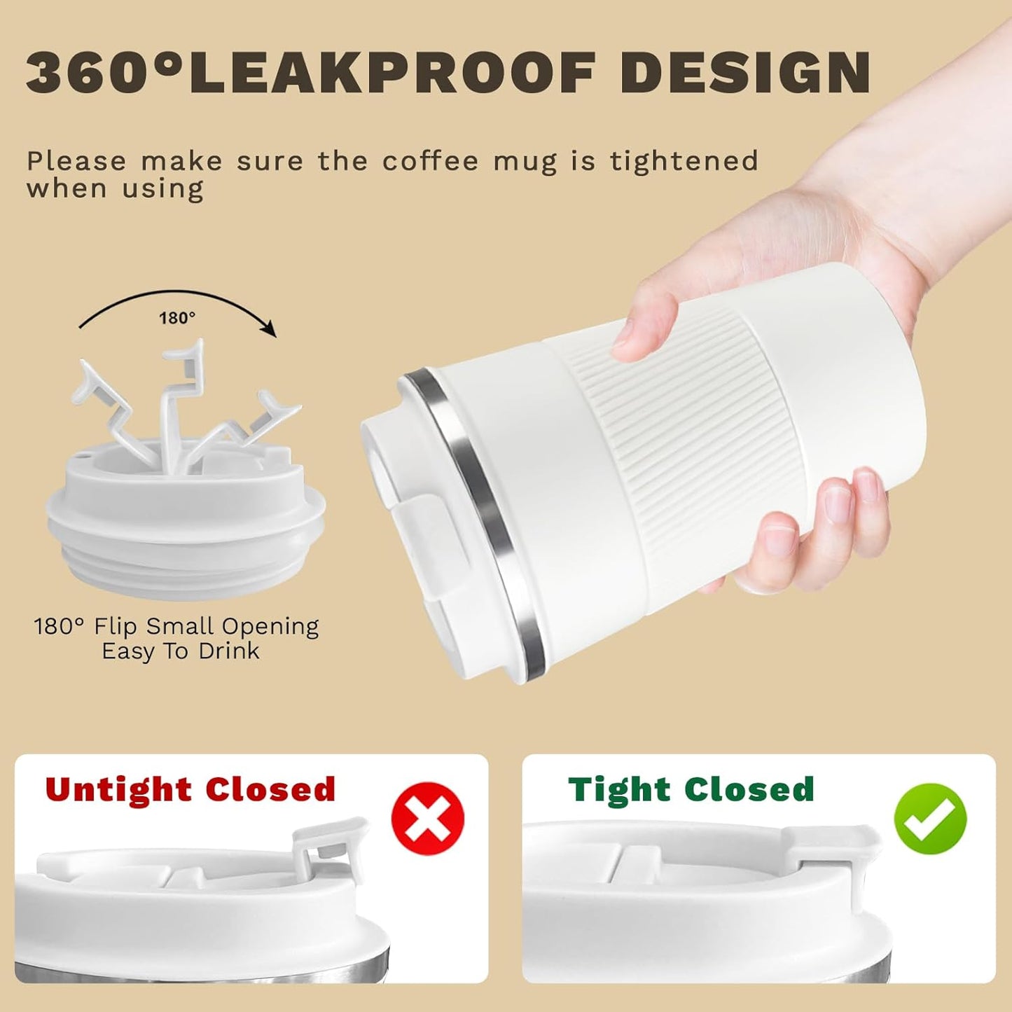 Vacuum-Insulated Stainless Steel Travel Coffee Mug, Leak-Proof Reusable Coffee Cup with Lid - Keep Hot & Cold Drinks for Hours, Durable Thermos Tumbler for Men & Women (3rd-White, 17OZ)