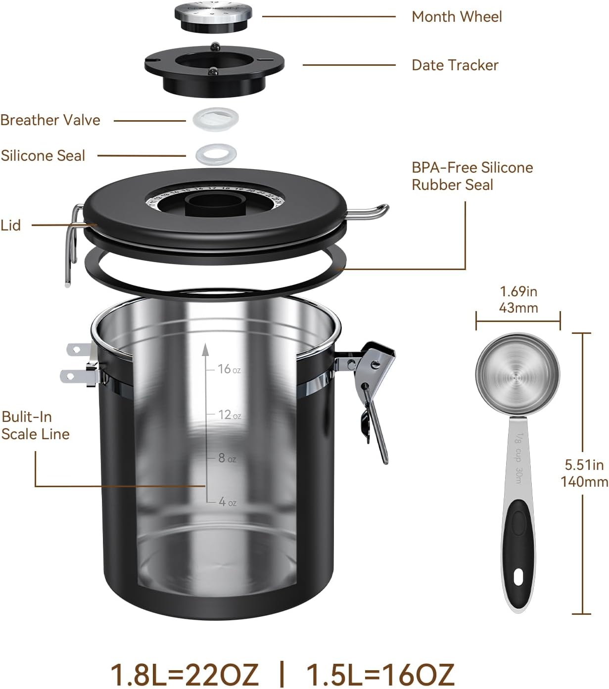 Coffee Canister With Window,22oz Stainless Steel Airtight Coffee Bean Storage Grounds Container with Date Tracker and Scoop,Grounds Kitchen Food Canister Jar for Beans,Tea,Sugar,Flour,Cereal