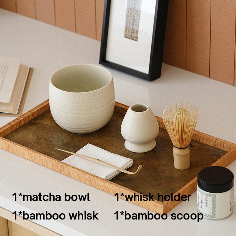 WENSHUO Matcha Whisk Set, Ceramic Matcha Bowl & Whisk Holder, Bamboo Accessory, Modern Design (Matte Crème, Traditional Bowl Design)