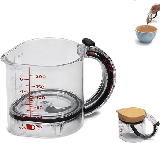 4-in-1 Adjustable Measuring Cup, Multi-Functional Measuring Cup with Scraper-Style Seal Base, Can Be Raised to Create Four Different Measurements 1/4 1/3 1/2 and 1, for Cooking and Baking