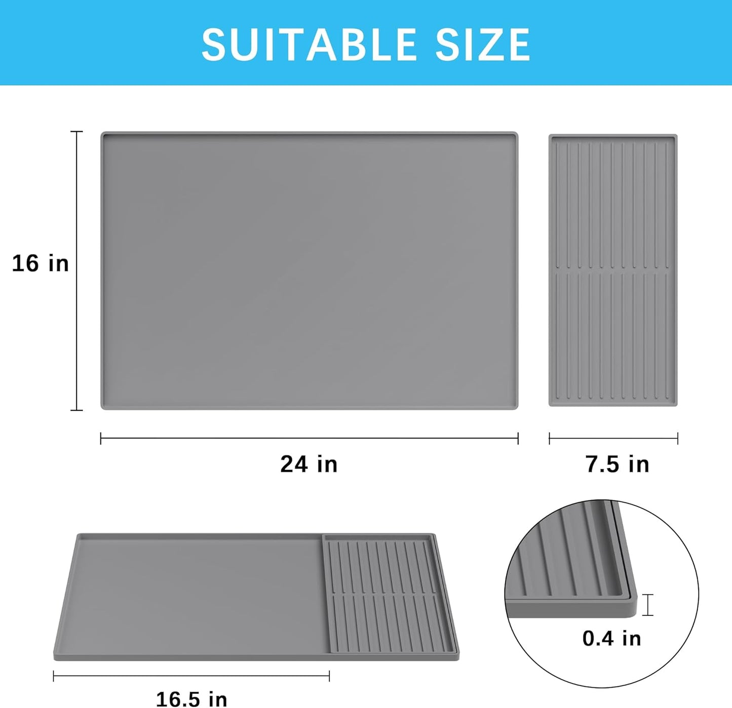 Golener Silicone Coffee Mat Set - 24" x 16" Coffee Bar Mat for Countertop, Kitchen Station Pad Accessories Fit Under Coffee Maker or Machine, Dish Drying Mat, Heat Resistant Kitchen Gadget, Grey