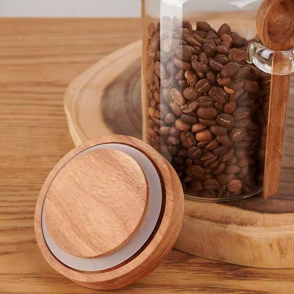 Glass Jars Containers with Wooden Handles Lids and Scoop Clear Canister Jars Set with Spoon for Kitchen Food Storage Coffee Tea Sugar Decorative Countertop Organization Jars 25 oz