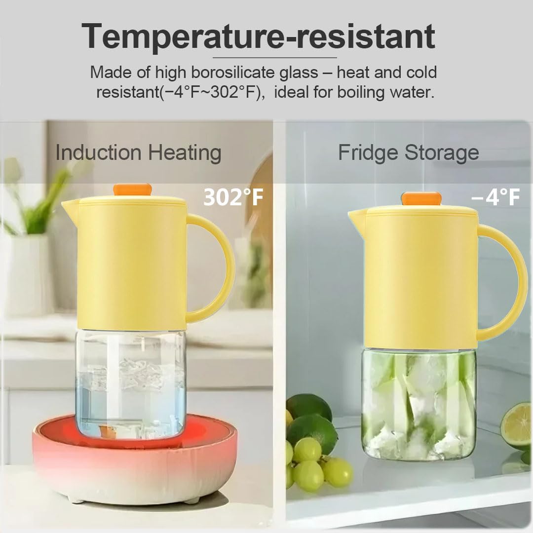 Delove Borosilicate Glass Pitcher with Lid & Auto Spout – Shatterproof Plastic Shell, Wide Mouth Design – 62 oz (1.9 Quart) Jug for Boiling Water, Iced Tea, Juice & Cold Brew Coffee (1, Yellow)