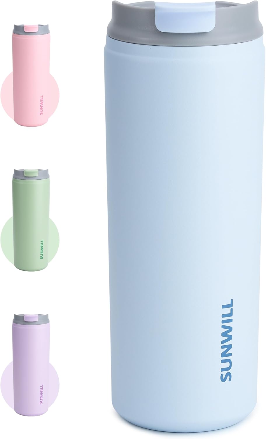 SUNWILL Travel Coffee Mug with Lid, Leak Proof Tumbler Stainless Steel, 16 oz Insulated Cup for Water, Tea, Ice, Powder Coated Iceberg