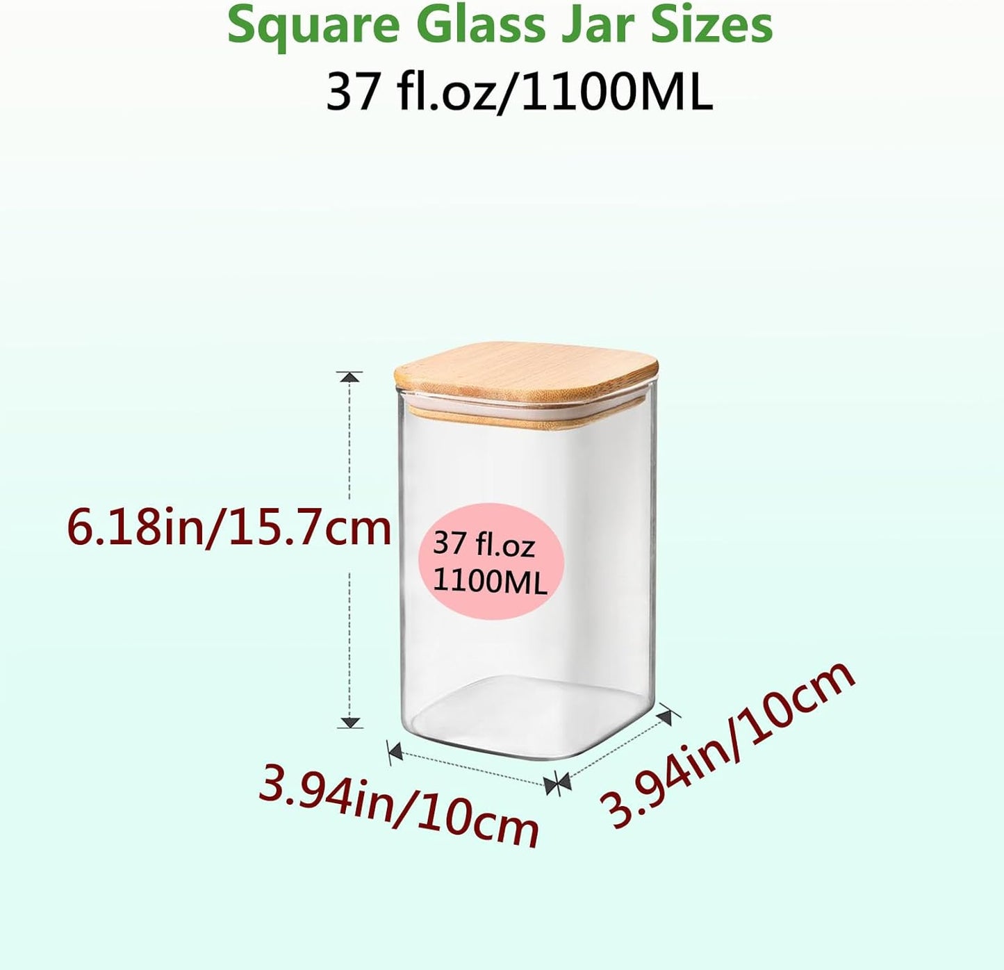 37oz Square Glass Storage Containers with Lids, glass jar with airtight lid, Glass Canister for Pantry Cookie Flour Cereal Rice Sugar Tea Coffee Beans Spice, Square Set of 4