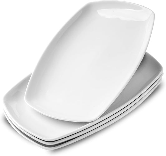 fMBB White Rectangular Plate Set, Ceramic Large Serving Platters, 12 Inch Dessert Trays for Party, Entertaining, Food, Appetizers, Dishwasher and Oven Safe Salad Dishes Set of 4