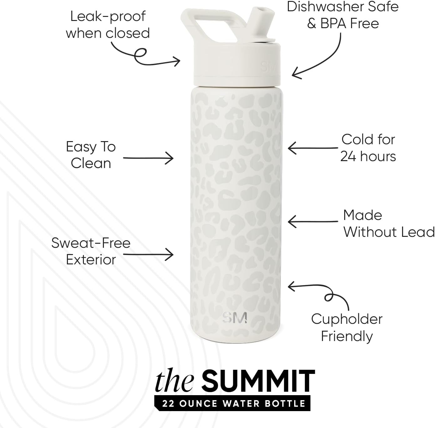 Simple Modern Leopard Water Bottle with Straw Lid Vacuum Insulated Stainless Steel Metal Cup Bottles | Reusable Leak Proof BPA-Free Flask for Sports | Summit Collection | 22oz, Cream Leopard