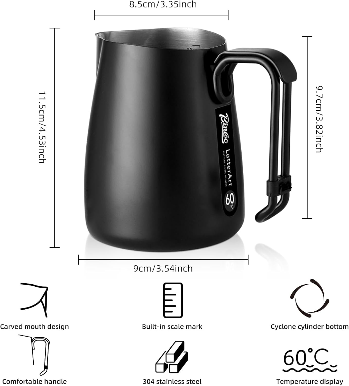 Bincoo Milk Frothing Pitcher,Espresso Milk Frothing Pitcher Stainless Steel 20oz/600ML Coffee Milk Frother Cup with Measurement Lines,Ergonomic Handle for Latte Art & Cappuccino