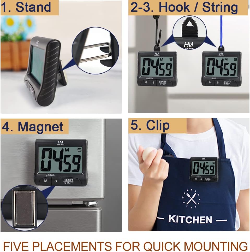 3" Large Display Kitchen Timer - Digital Timer Magnetic Back Loud Alarm On A Rope- Black Cooking Timers For Kitchen Teachers Students Games Kids Meetings -Sports Timers For Workouts Exercise