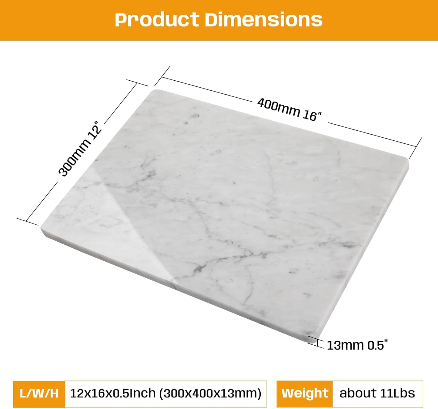Marble Pastry and Cutting Board 12x16 Inch, Marble Slab With Non-Slip Feet For Baking, Cheese, Charcuterie, Chocolate, Pack of 1 Piece, Carrara White