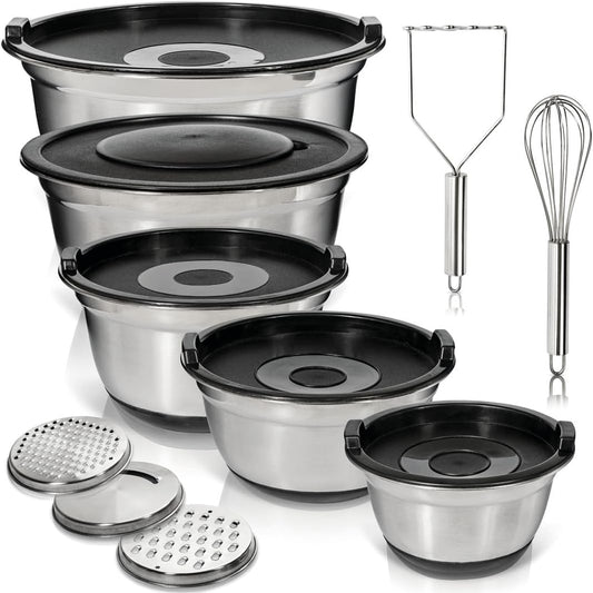 WHYSKO Stainless Steel Mixing Bowls with Lids Set - 5 Rustproof Metal Nesting Mixing Bowls for Kitchen, Meal Prep, Baking, Cooking, Storage - Includes 3 Grater Attachments, Dishwasher Safe