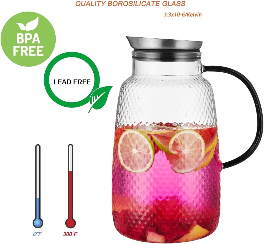 Purefold Pitcher with Lid, Glass Jug with Stainless Steel Lid for Hot and Cold Water, Fruit Tea, Coffee Maker, Ice Tea, Juice, Pineapple Series (Clear, 80 oz)