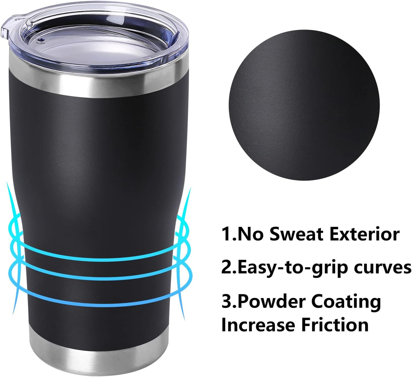 DOMICARE 20oz Tumbler with Lid Stainless Steel Tumblers Bulk, Double Wall Vacuum Insulated Coffee Travel Mug Powder Coated Tumbler, 4 Pack Black