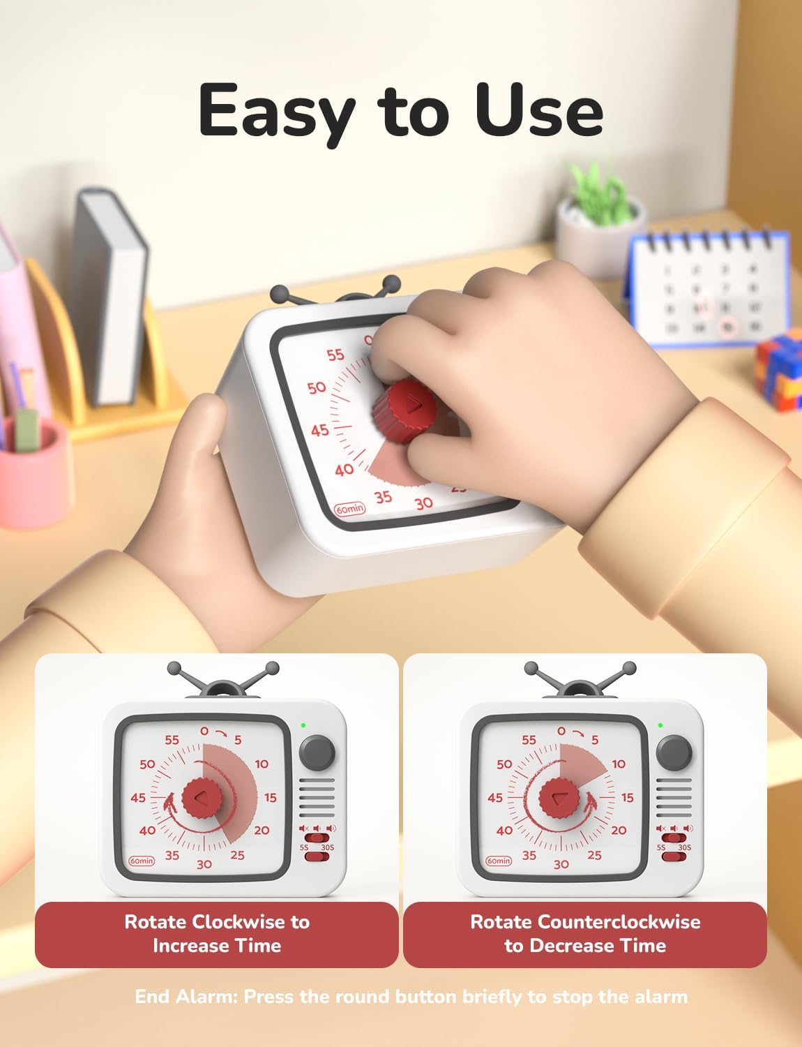 LIORQUE Visual Timer for Kids, 60-Minute Countdown Timers for Classroom Office Kitchen with Silent Operation, Kids Timer for Teaching with Cute Design