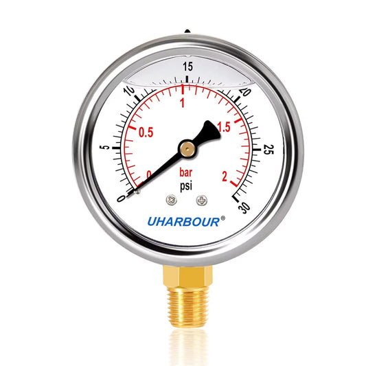 Glycerin Filled Low Pressure Gauge 30psi/2bar, Stainless Steel case, Brass Inside Construction, 2-1/2" dial, 1/4" NPT Rear Connection.