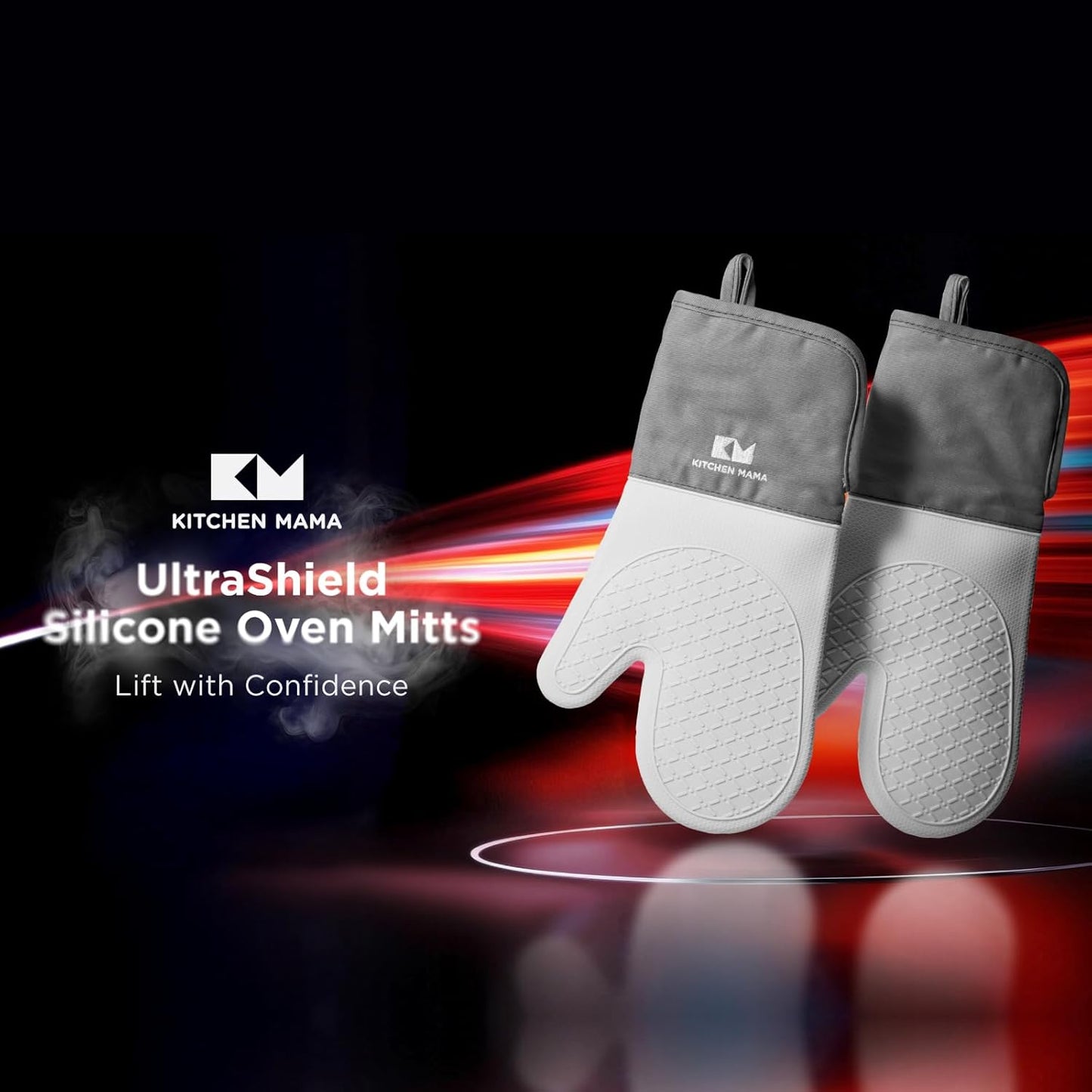 Kitchen Mama UltraShield Silicone Oven Mitts Heat Resistant – Non-Slip, Stain-Resistant, Silicone Cooking Mitts & Pot Holders for Baking, Grilling, Heat Resistant Cooking Gloves (Metal Gray)