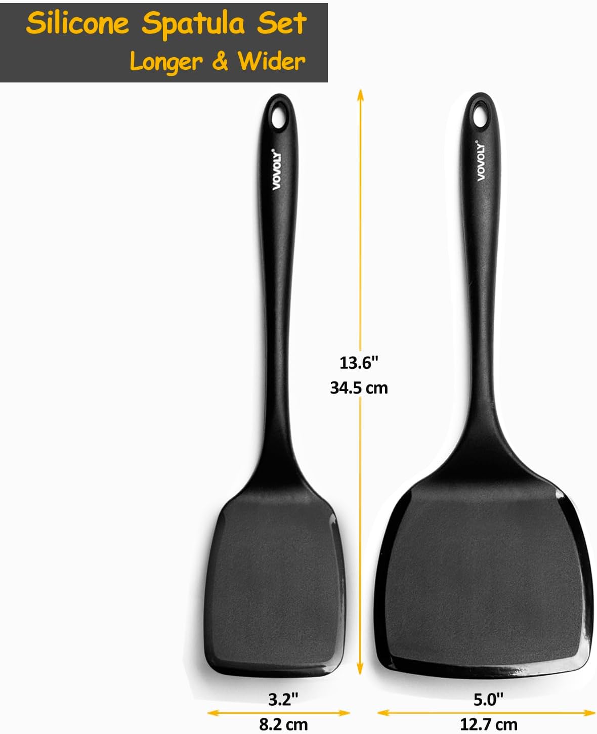 Large Size Silicone Spatula Set, 600°F Heat Resistant Silicone Spatula Turner Flipper for Cooking, Non Stick and Non Scratch Kitchen Utensils for Eggs & Pancakes, 2-Pack, Black