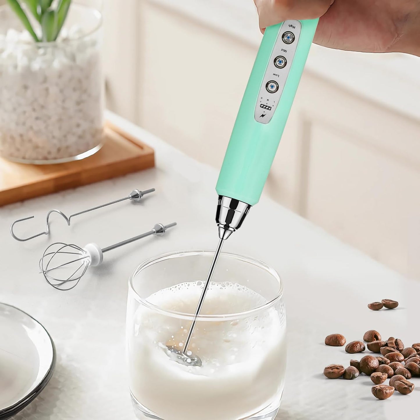 Milk Frother Rechargeable Handheld-Electric Whisk 3 Speed Adjustable, Coffee Frother Wand with 3 Stainless Whisks, Electric Foam Maker, Drink Mixer Blender for Latte Cappuccino Matcha Egg