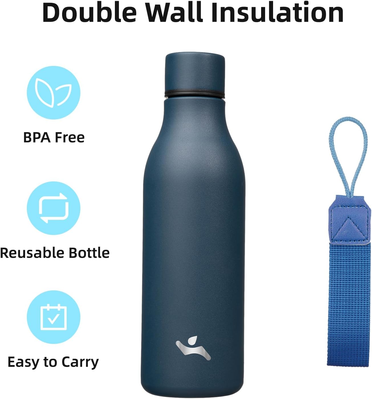 Insulated Water Bottle with Strap,18 oz Double Wall Stainless Steel Vacuum Bottles Metal Water Flask,Navy Blue