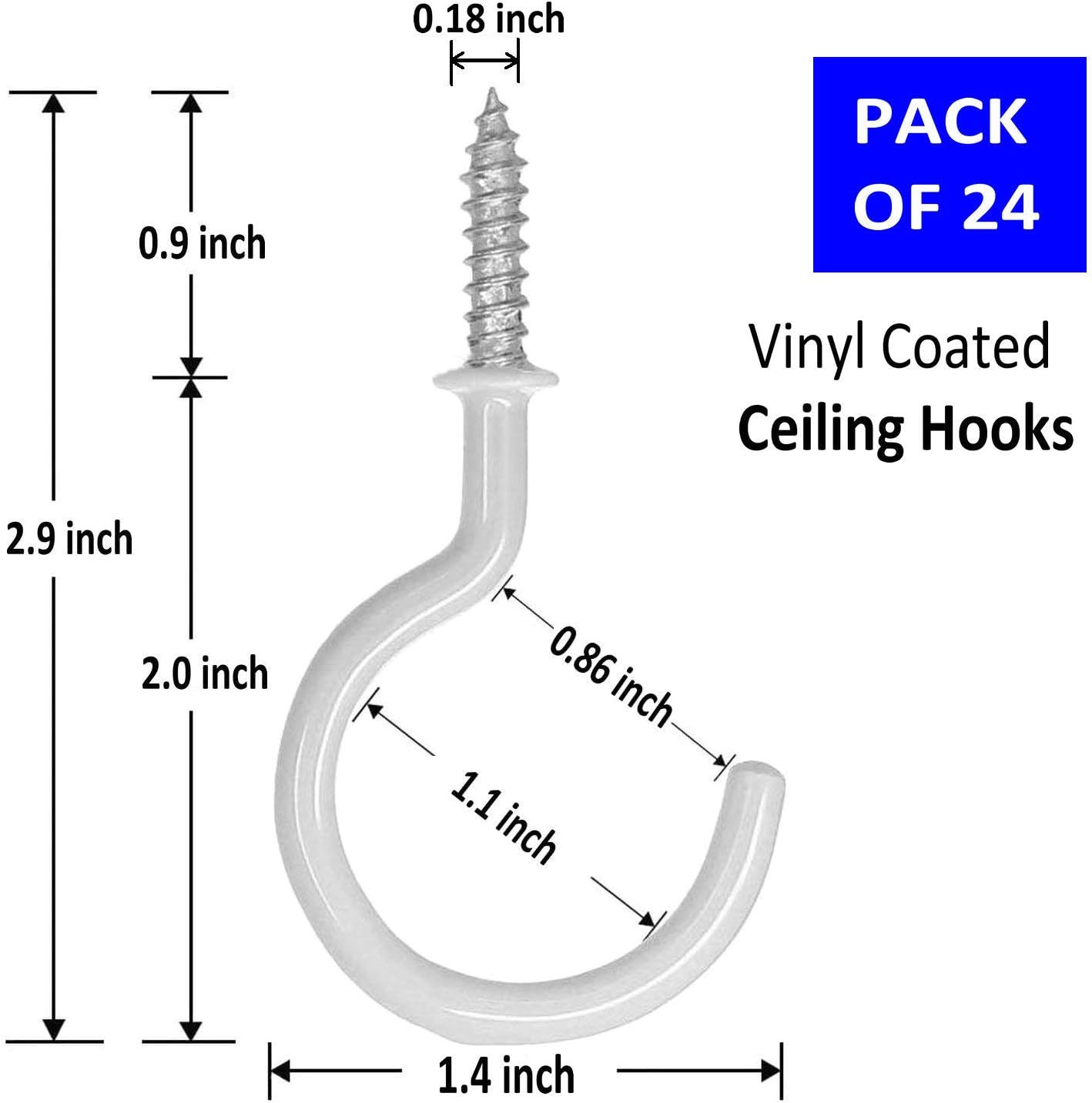 24 Pack Ceiling Hooks for Hanging Plants - 2.2 inches Heavy Duty, Hanging Hooks for Christmas Lights, Cups, Decors - White Vinyl Coated Screw in Plant Hanger Hook Indoor and Outdoor