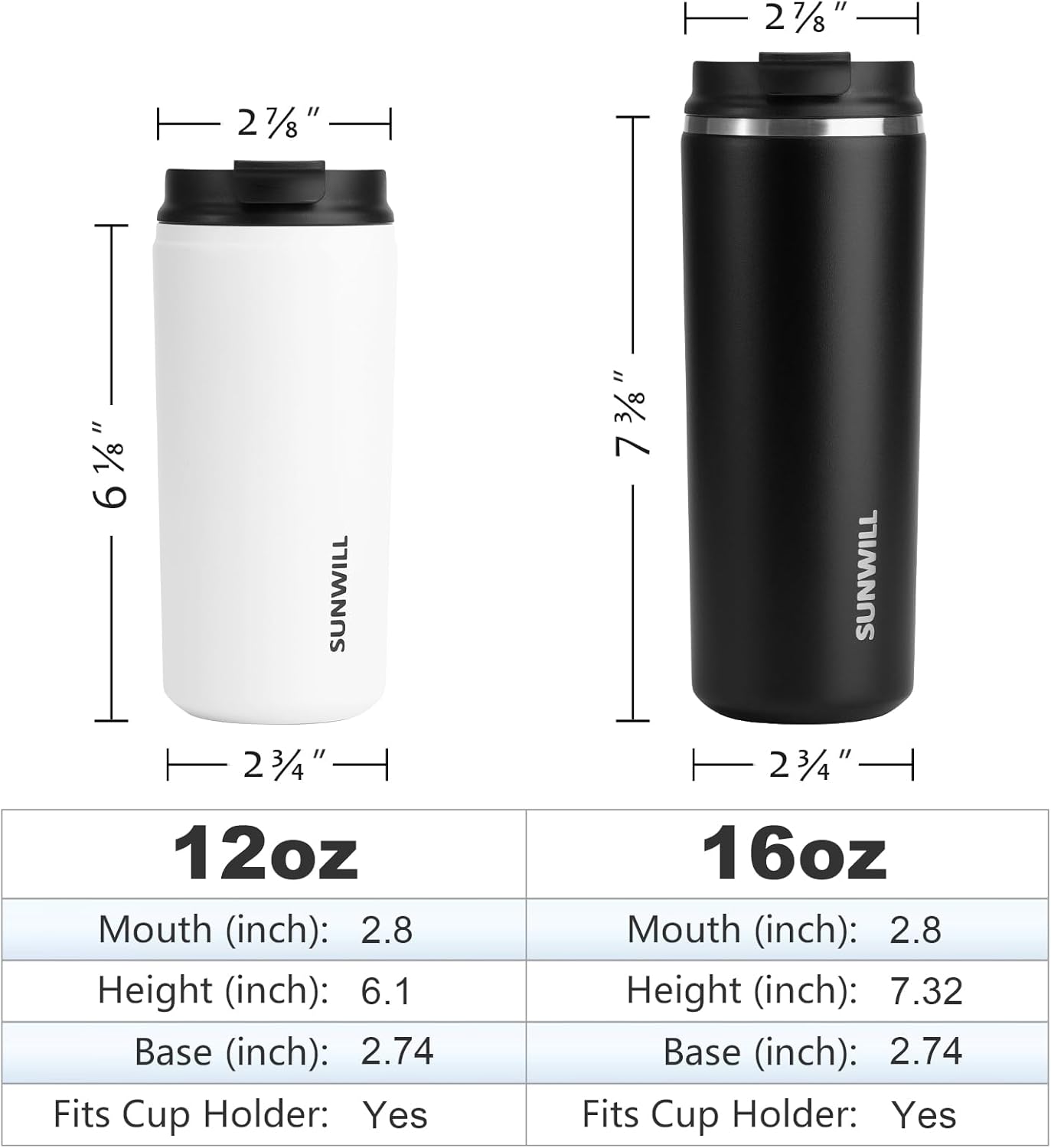 SUNWILL Insulated Coffee Mug with Lid, Leak Proof Tumbler Stainless Steel, 12 oz Travel Cup for Office, Home, Powder Coated White