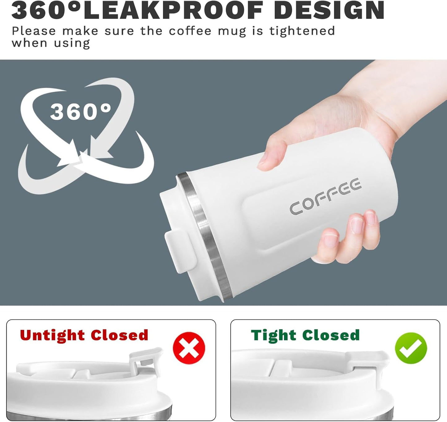 YINBAOGE Insulated Travel Coffee Mug Spill Proof Leak Proof Pobtable To Go Camping Stainless Steel Coffee Tumbler Reusable Coffee Cups with Lids Thermos for Hot and Cold Drink (2nd-White, 17 OZ)