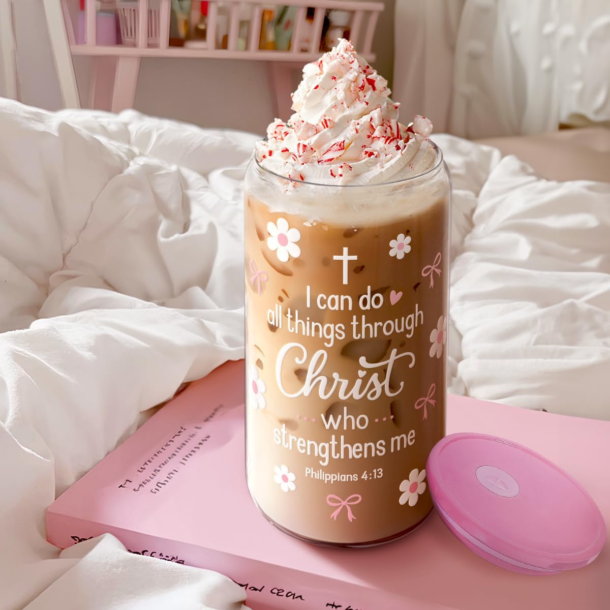 SANDJEST Christian Glass Can Tumbler 16oz, Inspirational Glass Cup with Lid & Straw, Iced Coffee Aesthetic Cups for Women Girls, Gifts Idea for Christmas Birthday