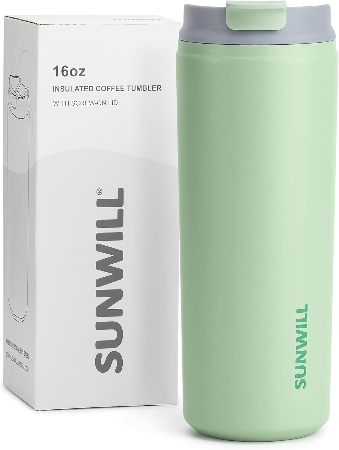 SUNWILL Travel Coffee Mug with Lid, Stainless Steel Coffee Tumbler Cups 16 oz Leakproof, Powder Coated Matcha