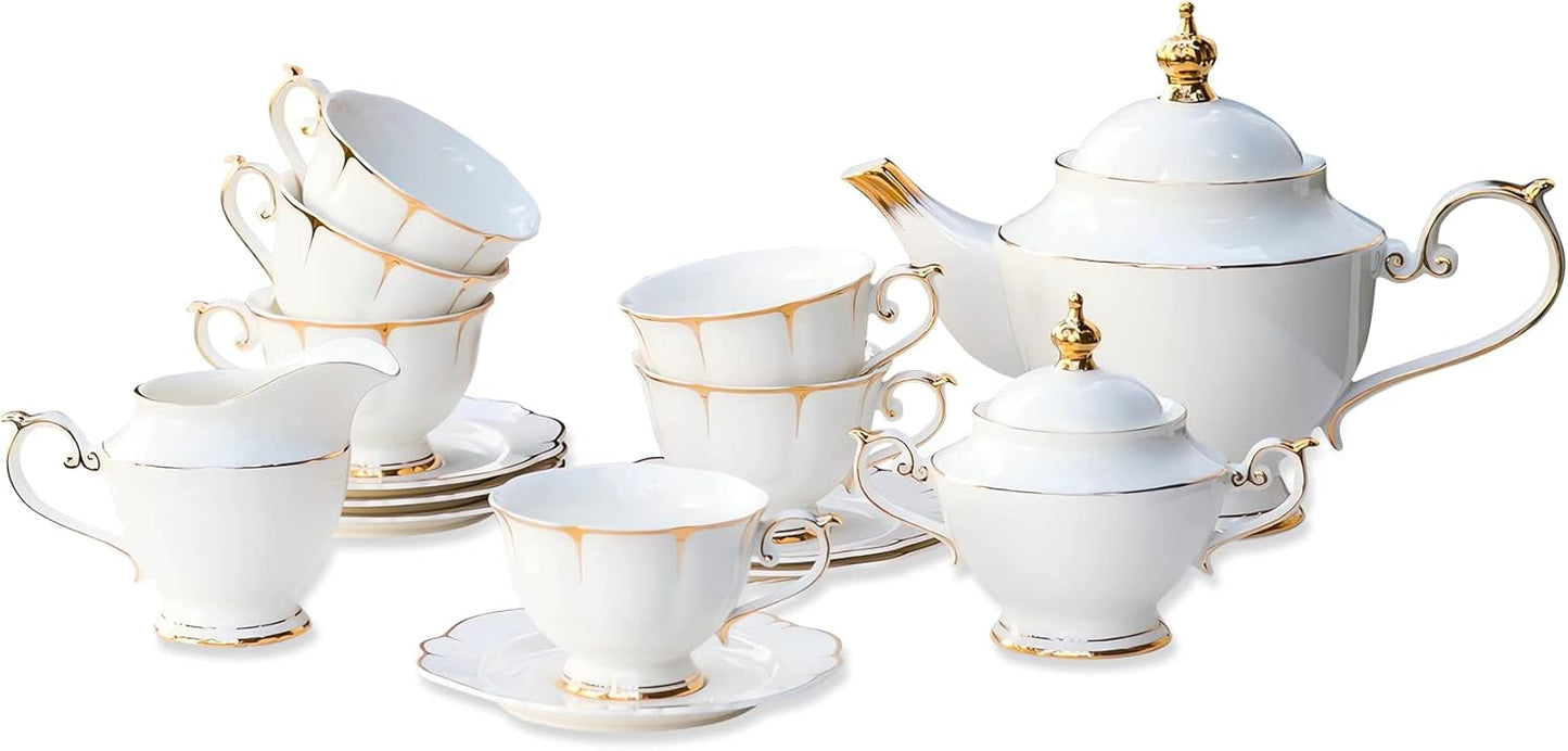 ACMLIFE Tea Sets for Adults Fine Bone China Tea Set for 6, Porcelain Teapot Sets for Adults 24K Gold, Afternoon Modern Cups and Saucers for Women Tea Party or Gifts Giving (White)