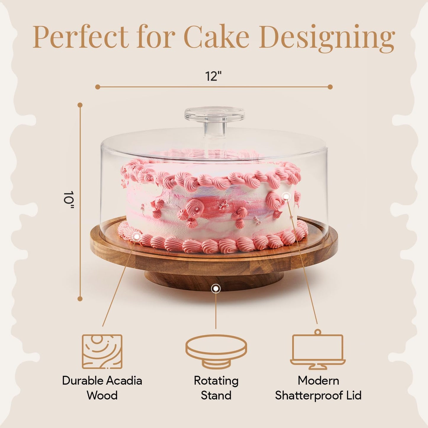 Rotating Cake Stand With Lid - 12 Inch Round Cake Holder with Cover, 4” Tall, Acacia Wood Spinning Cake Turntable for Decorating, Display and Serving Platter, Acrylic Cake Dome, No Glass