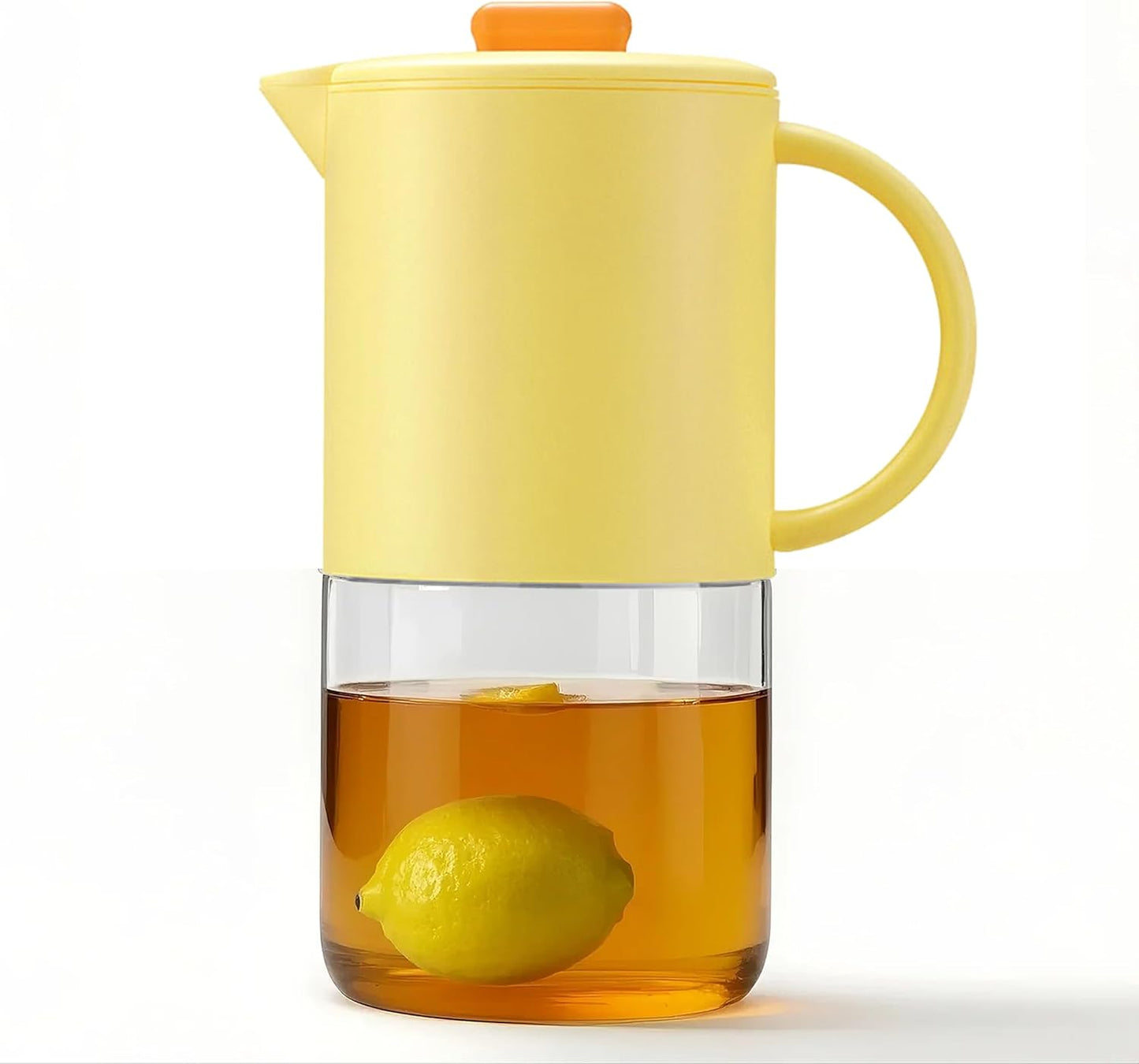 Delove Borosilicate Glass Pitcher with Lid & Auto Spout – Shatterproof Plastic Shell, Wide Mouth Design – 62 oz (1.9 Quart) Jug for Boiling Water, Iced Tea, Juice & Cold Brew Coffee (1, Yellow)