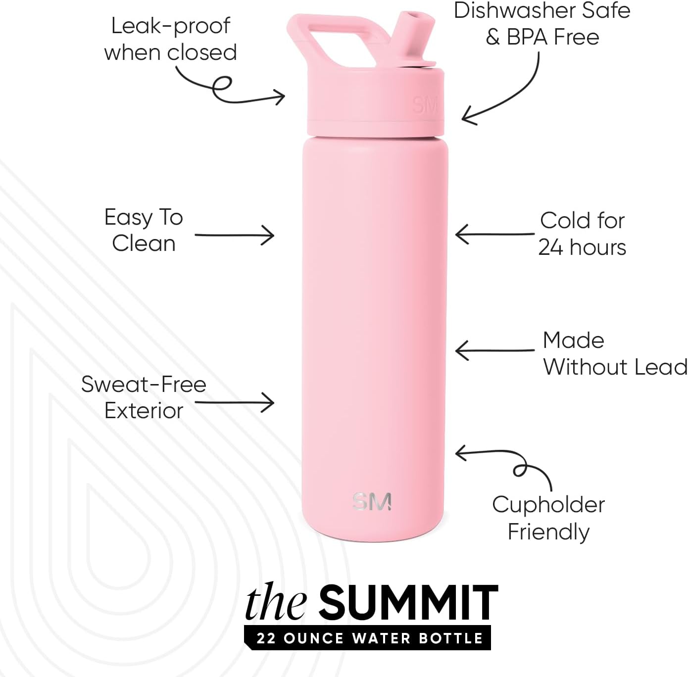Simple Modern Water Bottle with Straw Lid Vacuum Insulated Stainless Steel Metal Cup Bottles | Reusable Leak Proof BPA-Free Flask for Gym, Travel, Sports | Summit Collection | 22oz, Blush