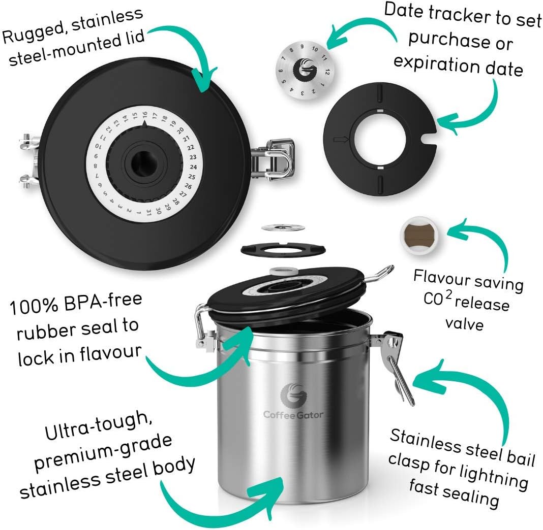 Coffee Gator Coffee Canister Airtight, 16oz Stainless Steel and 4oz Borosilicate Glass Travel Kitchen Food Storage Container with Date Tracker, Scoop for Beans, Ground, Sugar, Tea, Cookies Jars