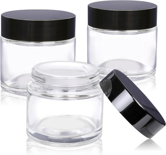 3 Pack Clear Small Glass Cosmetic Jars with Lids - 60 ml Empty Glass Makeup Containers for Sample, Cream, Lotion, Powder (2 OZ)