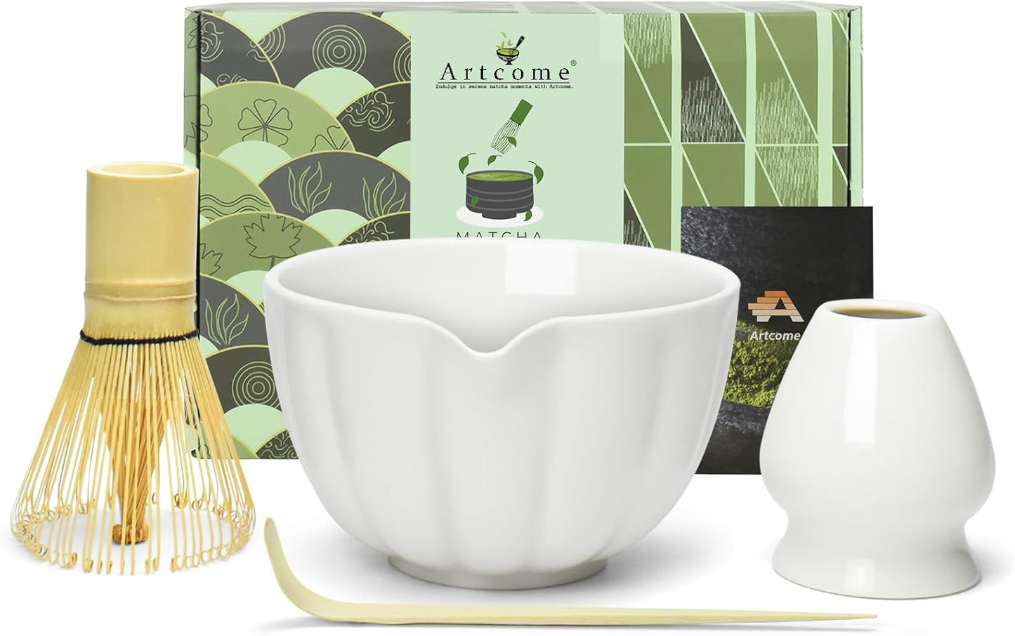 Artcome 4 Pcs Japanese Matcha Tea Set - Matcha Bowl with Pouring Spout, Matcha Whisk, Tea Scoop, Whisk Holder, Handmade Matcha Ceremony Kit For Japanese Tea Ceremony, Ivory