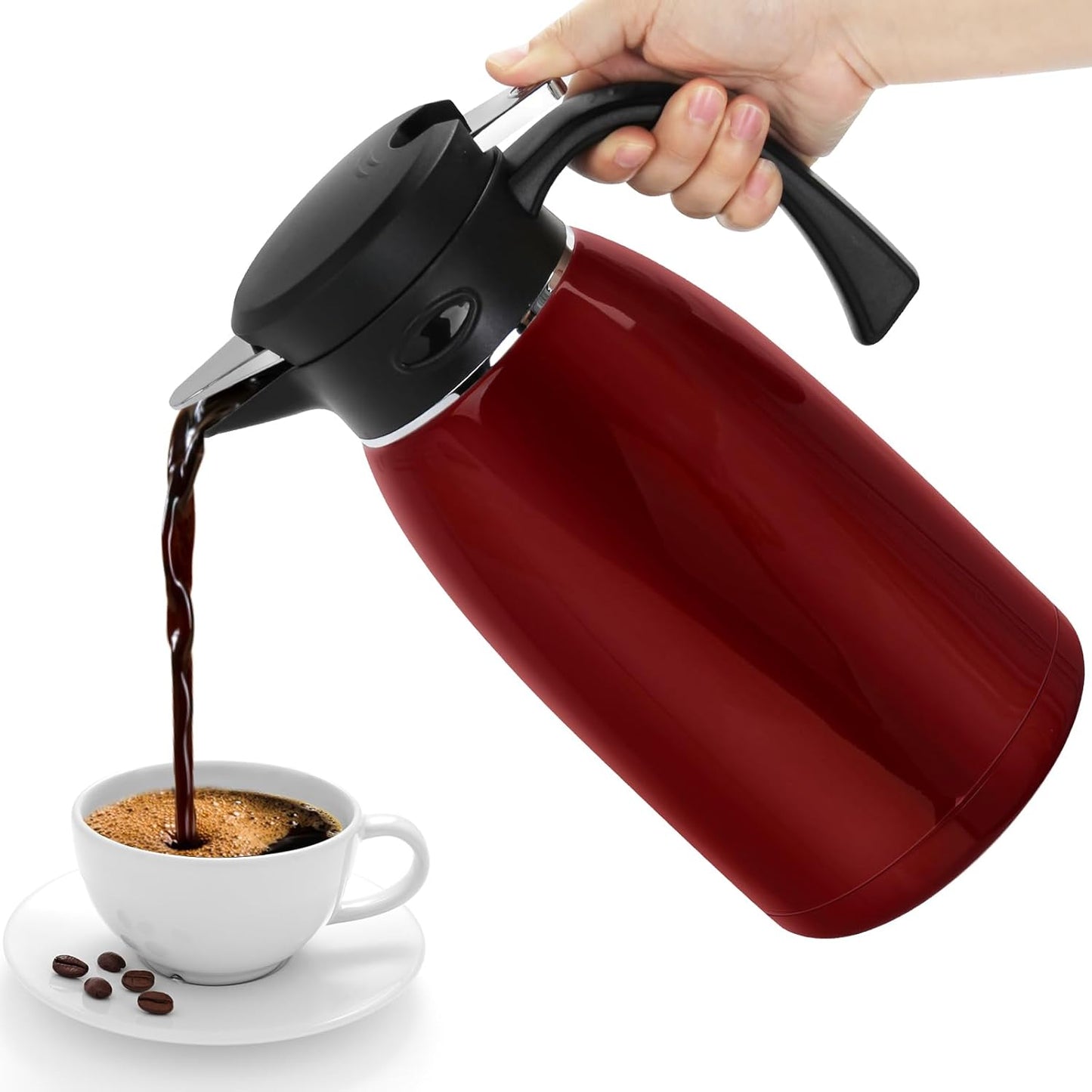70oz Thermal Coffee Carafe, 2L Stainless Steel Thermos for Hot Drinks, Double Wall Vacuum Carafe for Hot Liquids Large Tea Thermos for Home School Office for Valentine's Day Burgundy