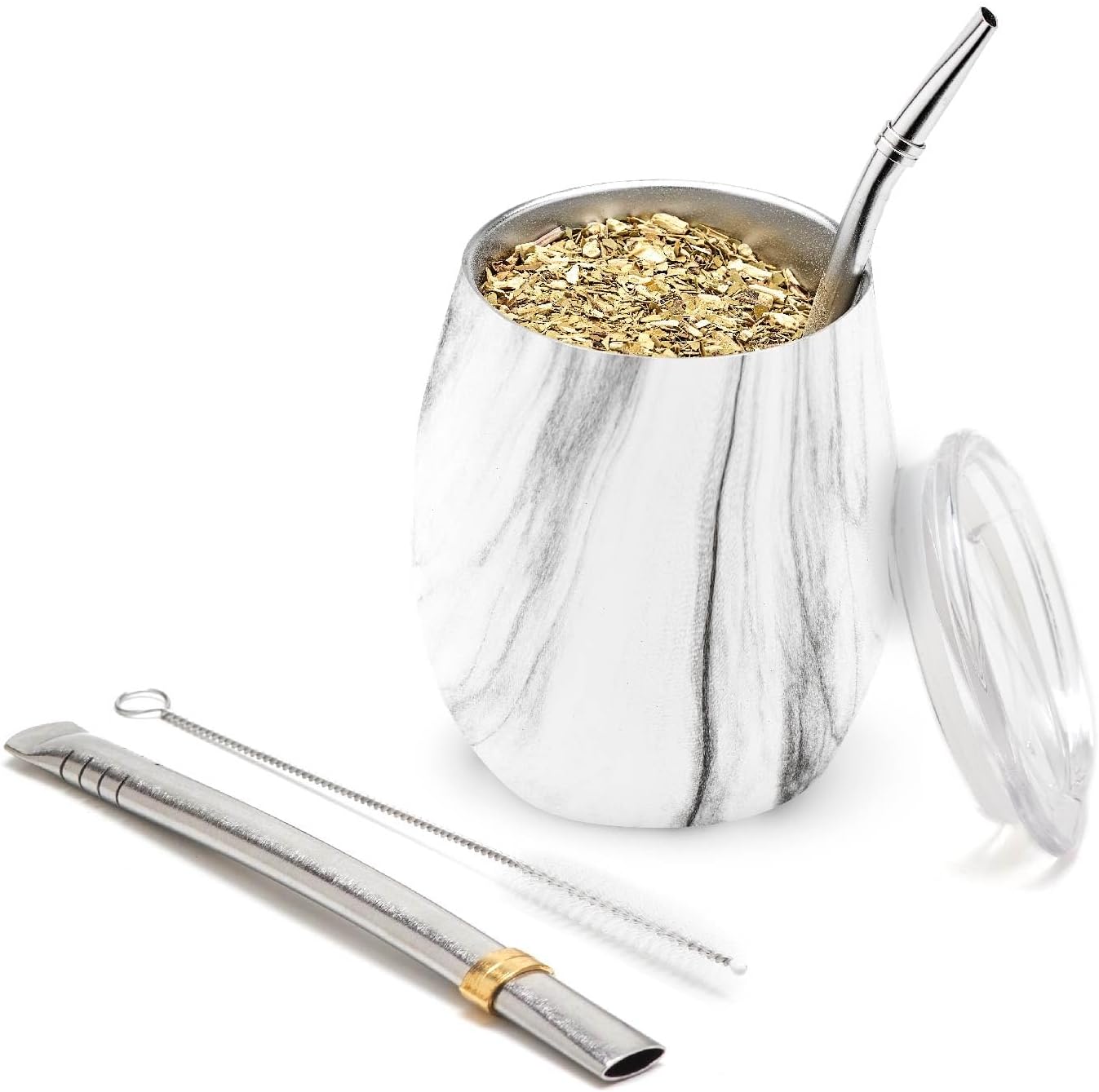 BALIBETOV 5 pcs large Yerba Mate Cup and Bombilla Kit, Includes one 8 oz Yerba Mate Gourd with Lid, Two Bombillas Mate Straw and one cleaning brush (Marble, 8.00)