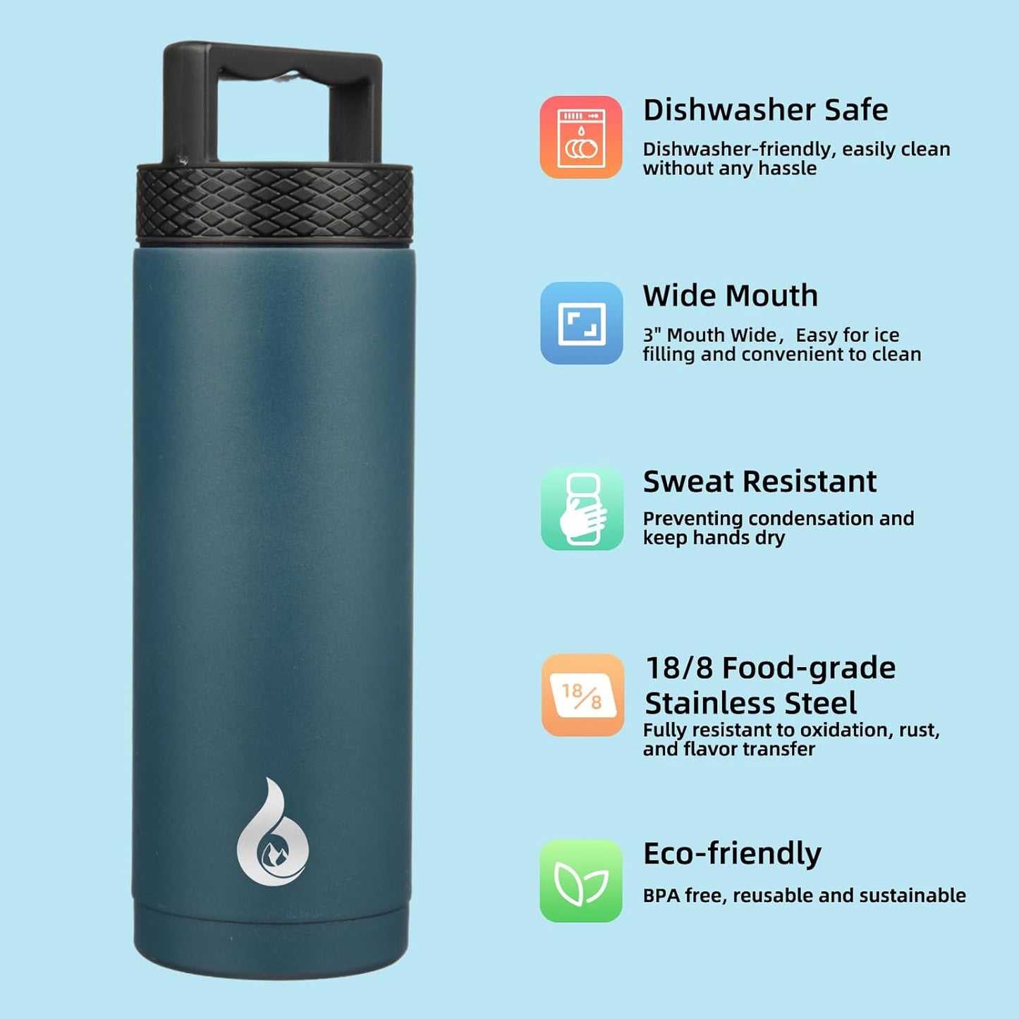 BJPKPK Insulated Water Bottles, Dishwasher Safe 18 oz Water Bottle with Handle, Leakproof BPA Free Water Jug, Stainless Steel Thermos for Sports, Navy Blue