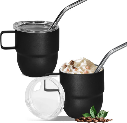 4oz Espresso Cup Set of 2, Insulated Espresso Mug With Lid and Straw, Espresso Shot Glasses with Handle, Double Walled Stainless Steel Small Expresso Shots Cup for Coffee